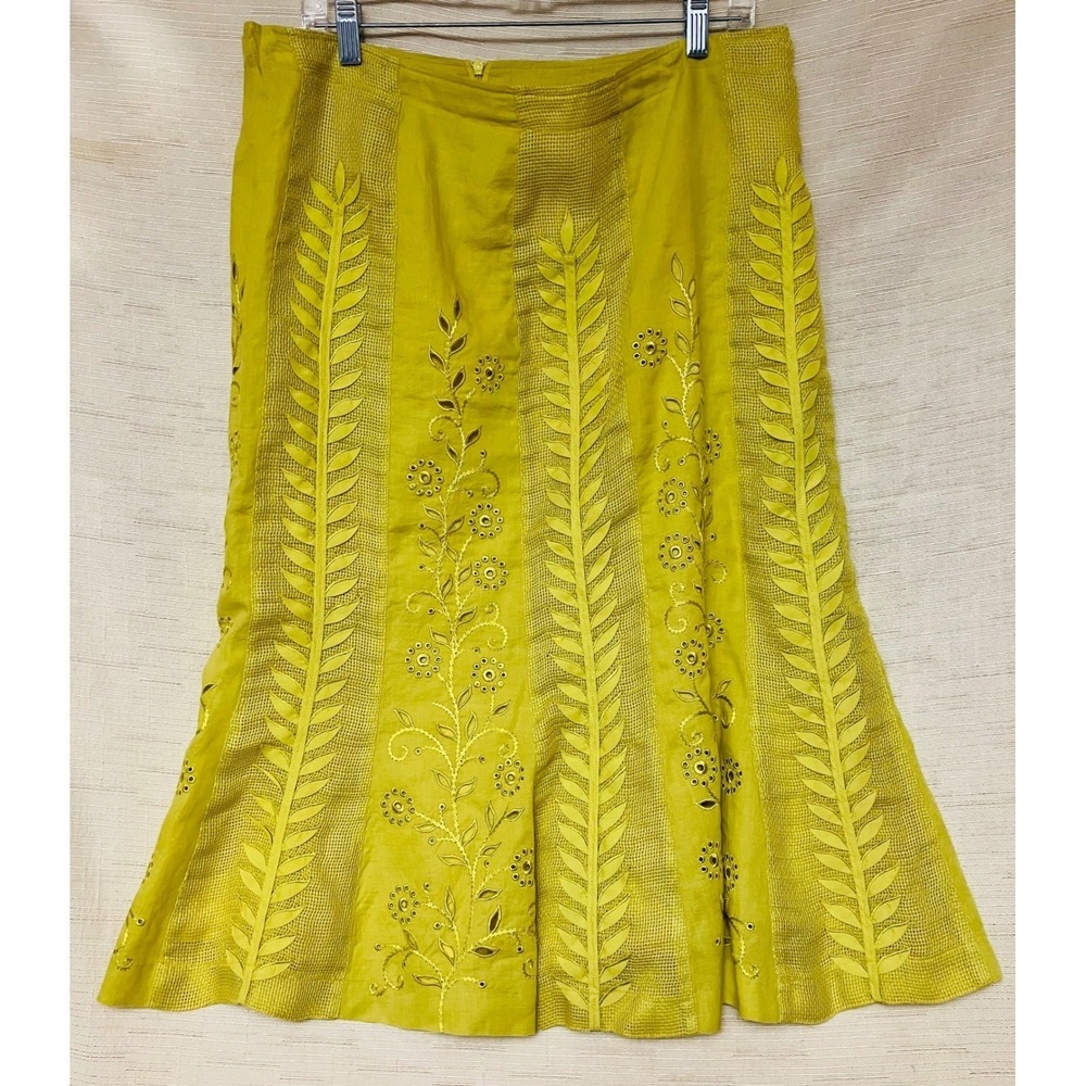 JSong Collection Linen Midi Skirt Womens 14 Yellow Excellent Embroidered Eyelet